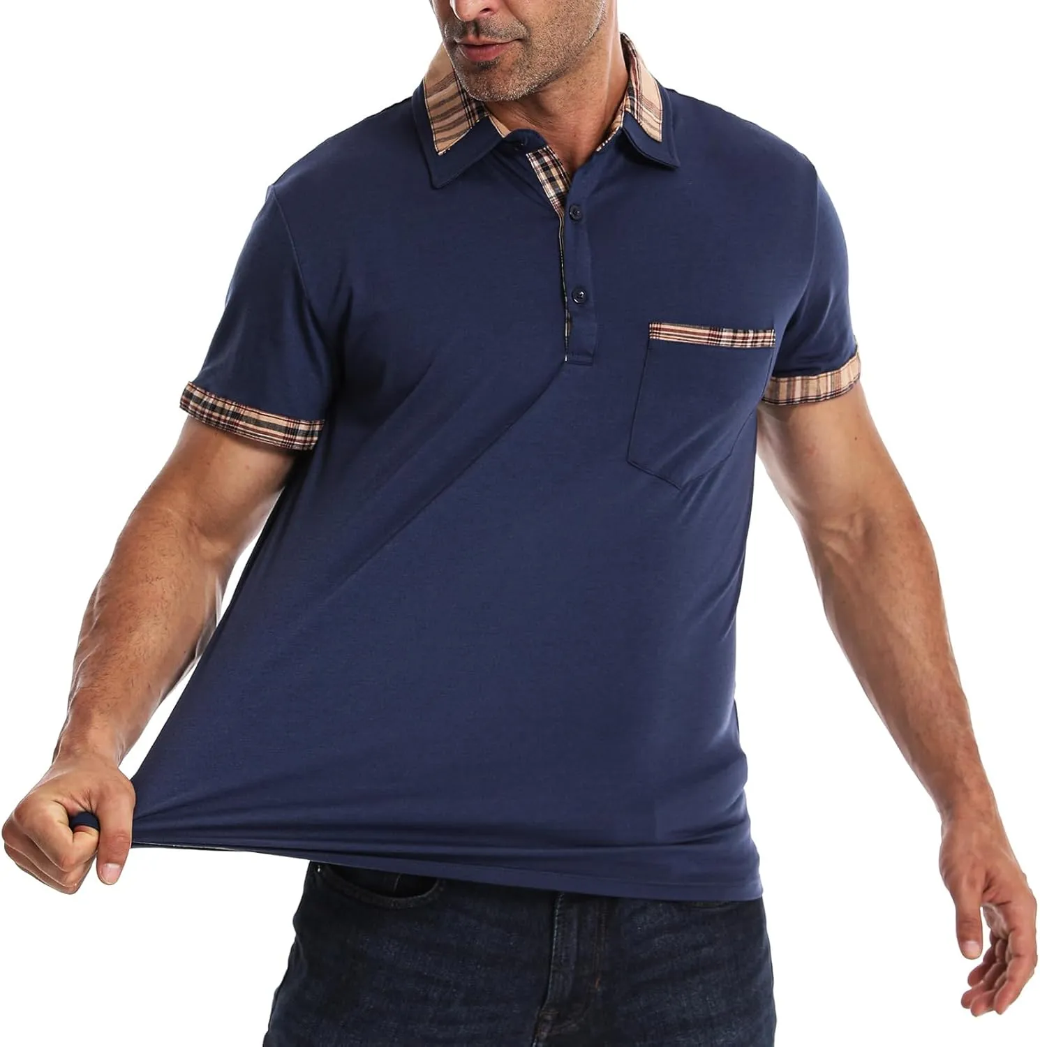 Suwangi Men's Polo Shirts Classic Button Basic Short Sleeve Shirt Casual Color Block Tees with Pocket Golf Stylish Tops