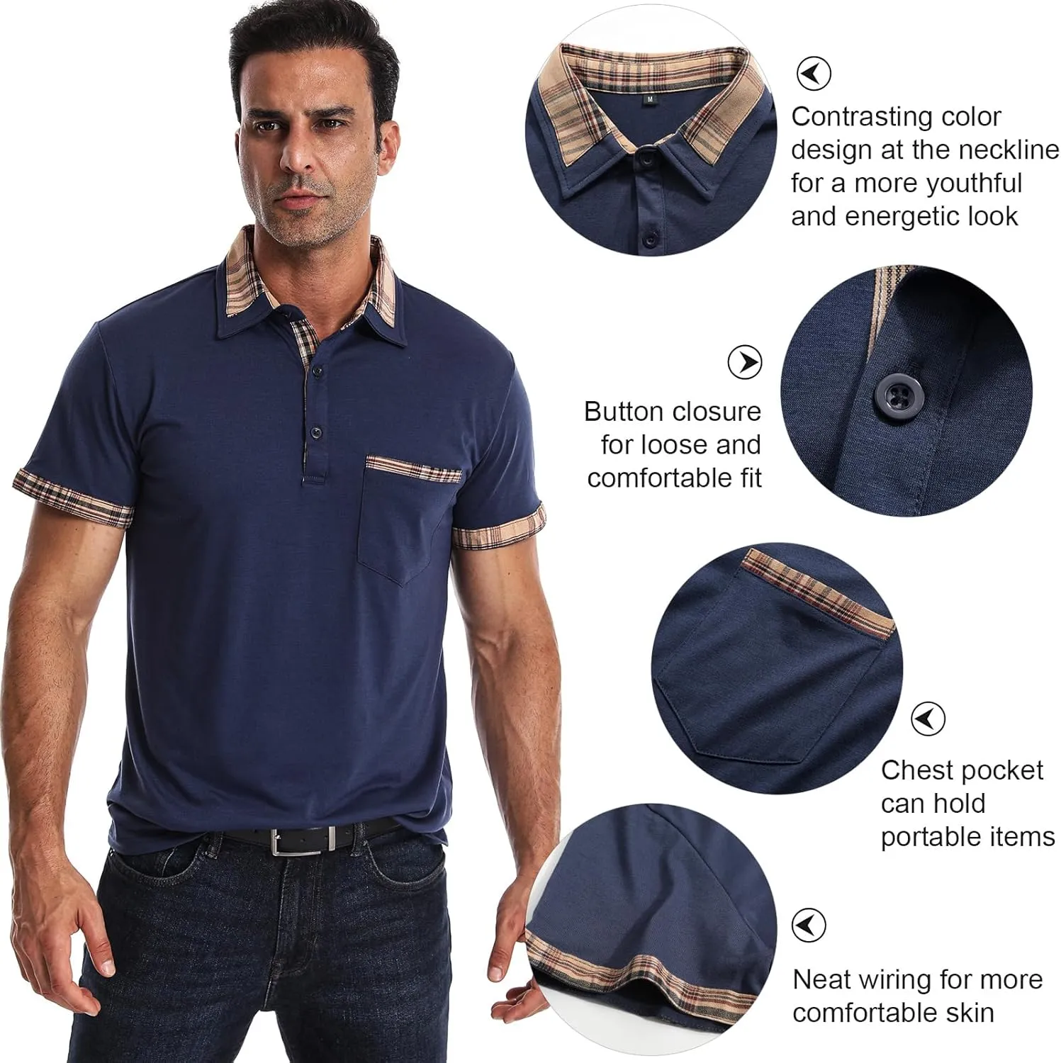 Suwangi Men's Polo Shirts Classic Button Basic Short Sleeve Shirt Casual Color Block Tees with Pocket Golf Stylish Tops
