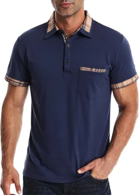 Suwangi Men's Polo Shirts Classic Button Basic Short Sleeve Shirt Casual Color Block Tees with Pocket Golf Stylish Tops