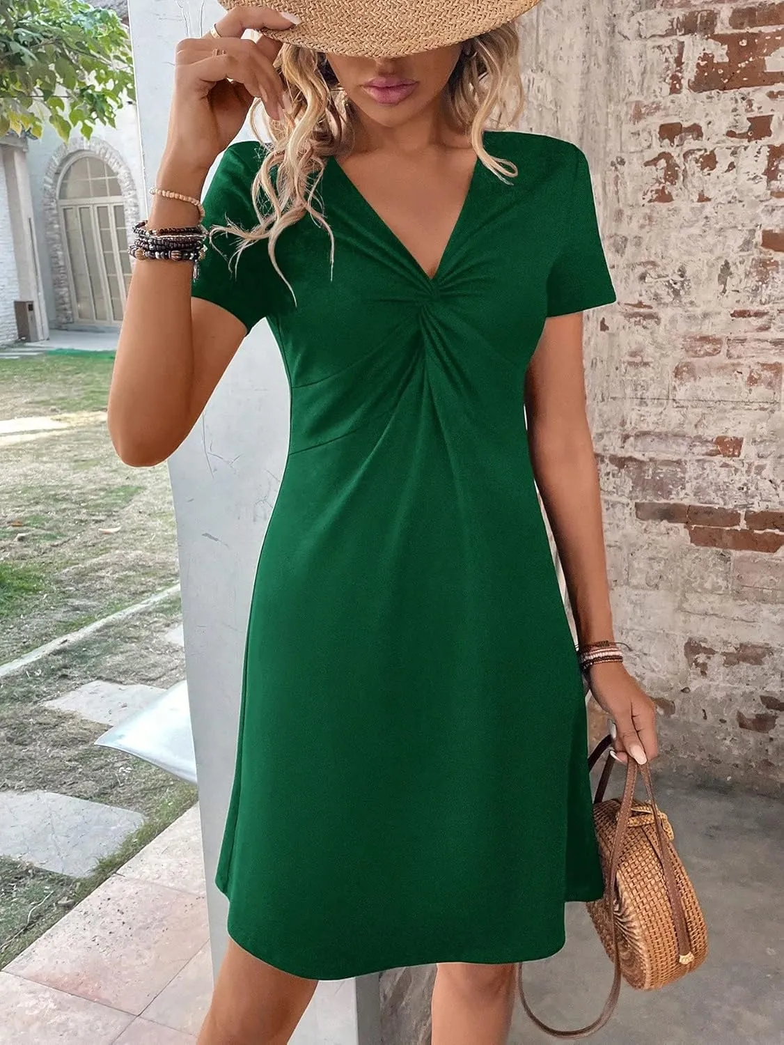 SweatyRocks Women's Casual Short Sleeve V Neck Tee Shirt Dress Twist Front A Line Short Dresses