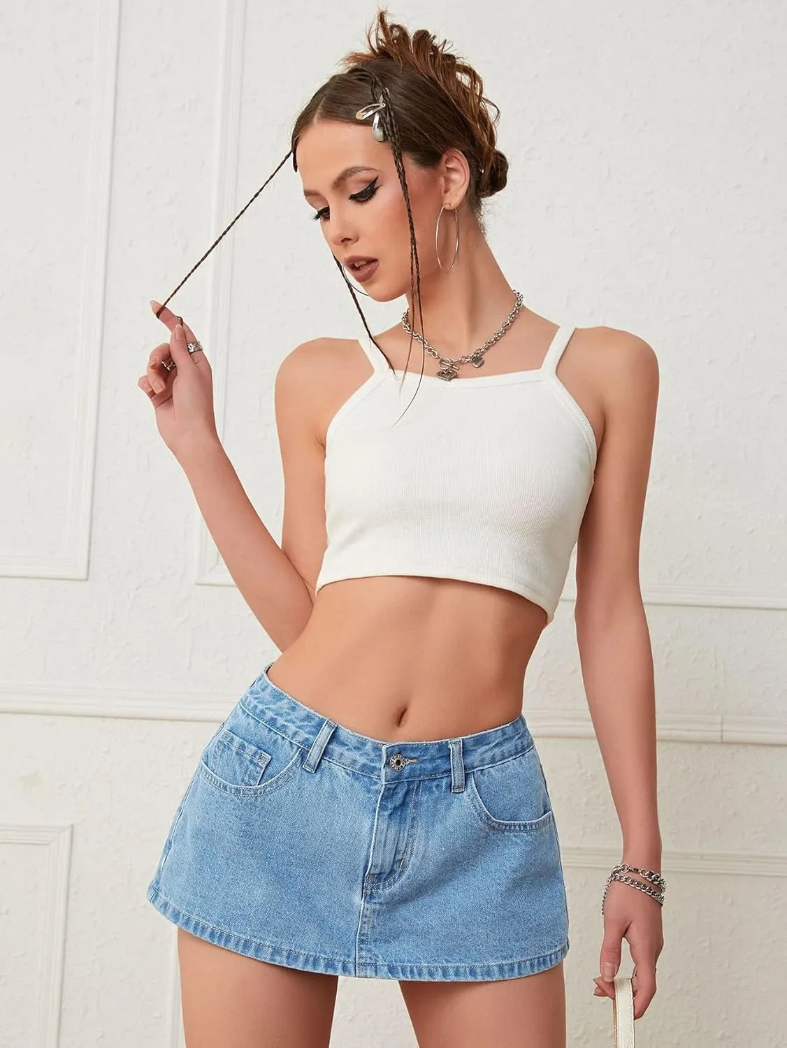 SweatyRocks Women's Low Rise Zip Up Washed Denim Shorts Casual Mini Jean Skort with Pocket