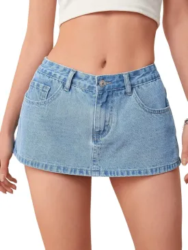 SweatyRocks Women's Low Rise Zip Up Washed Denim Shorts Casual Mini Jean Skort with Pocket