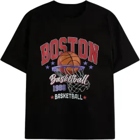 Verdusa Men's Basketball Vintage Letter Graphic Oversized T Shirt Round Neck Drop Shoulder Tee Tops