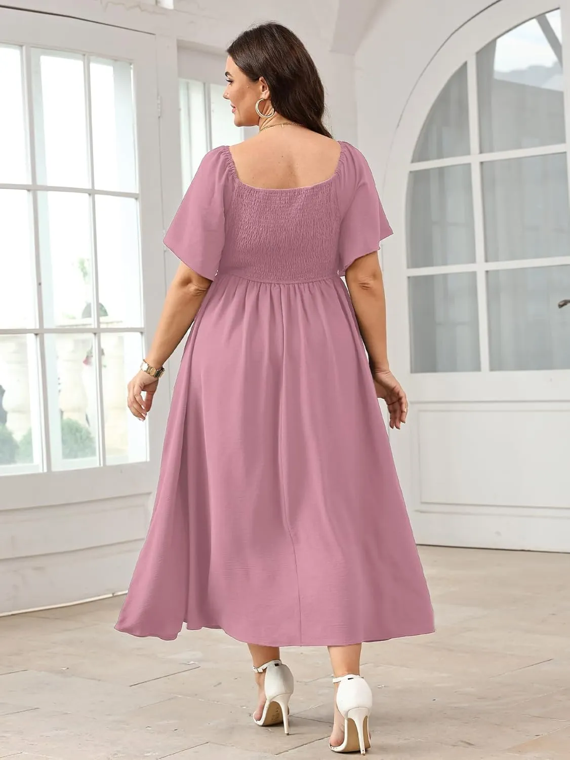 Women's Plus Size Maxi Dress Short Sleeve Square Neck Smocked A Line Flowy Formal Dress