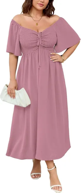 Women's Plus Size Maxi Dress Short Sleeve Square Neck Smocked A Line Flowy Formal Dress