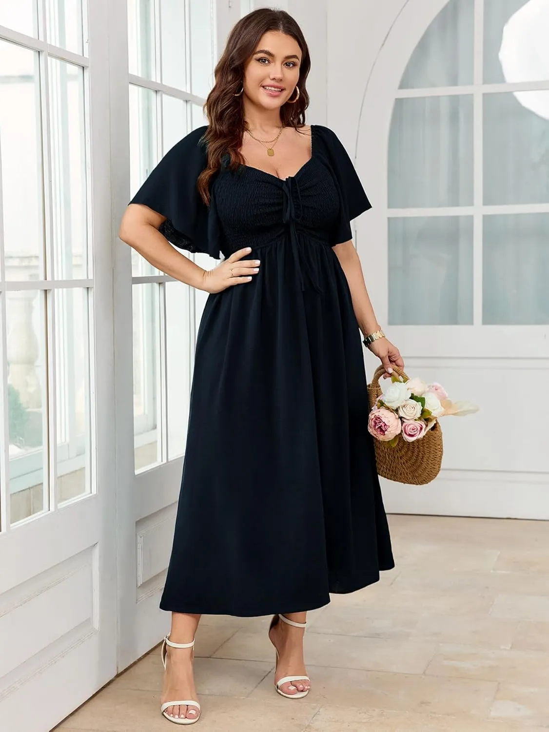 Women's Plus Size Maxi Dress Short Sleeve Square Neck Smocked A Line Flowy Formal Dress