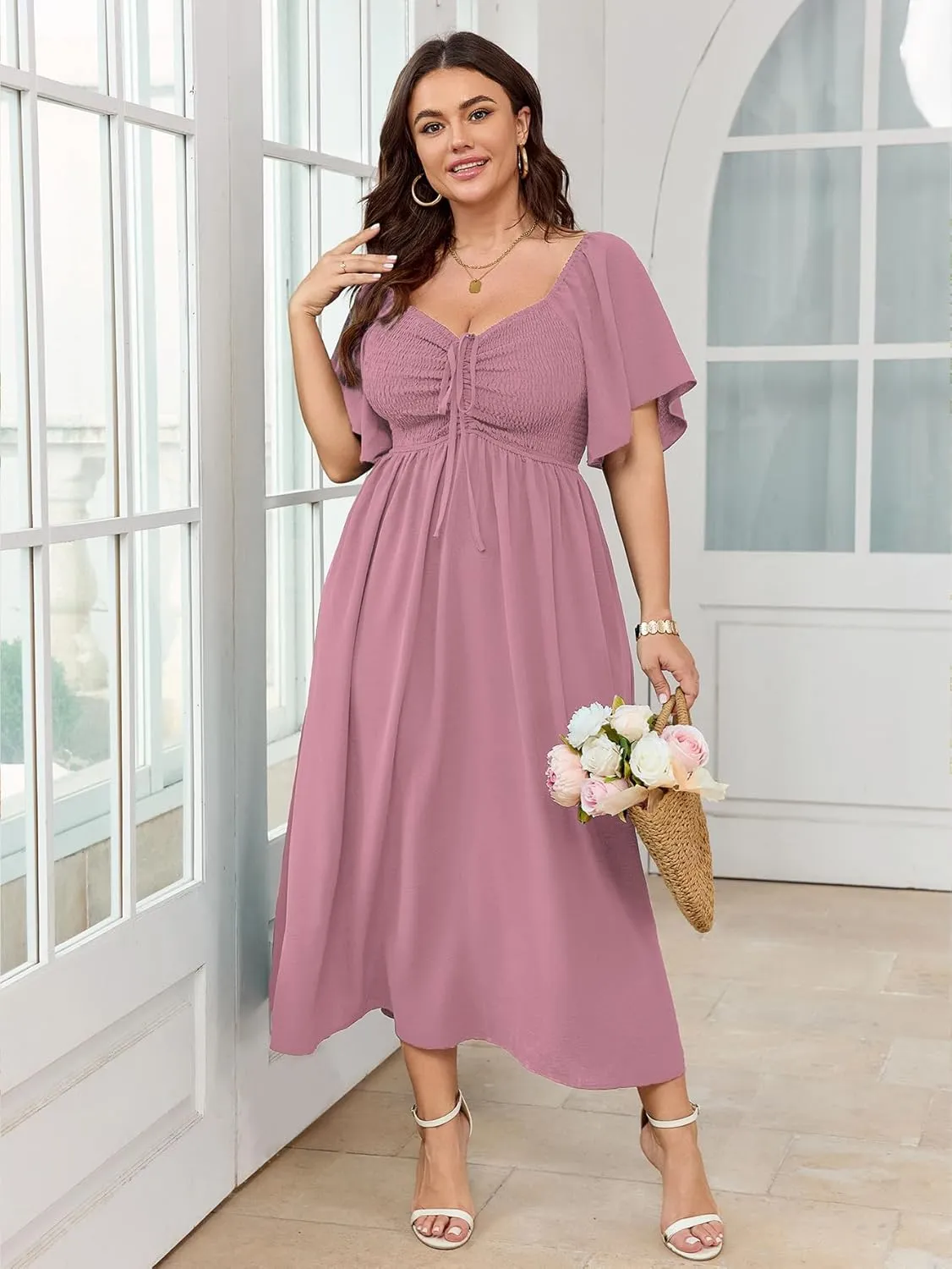 Women's Plus Size Maxi Dress Short Sleeve Square Neck Smocked A Line Flowy Formal Dress