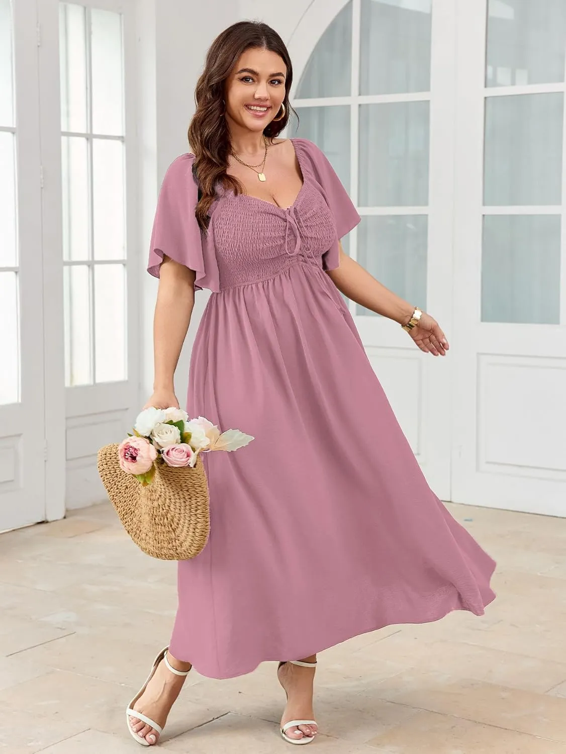 Women's Plus Size Maxi Dress Short Sleeve Square Neck Smocked A Line Flowy Formal Dress
