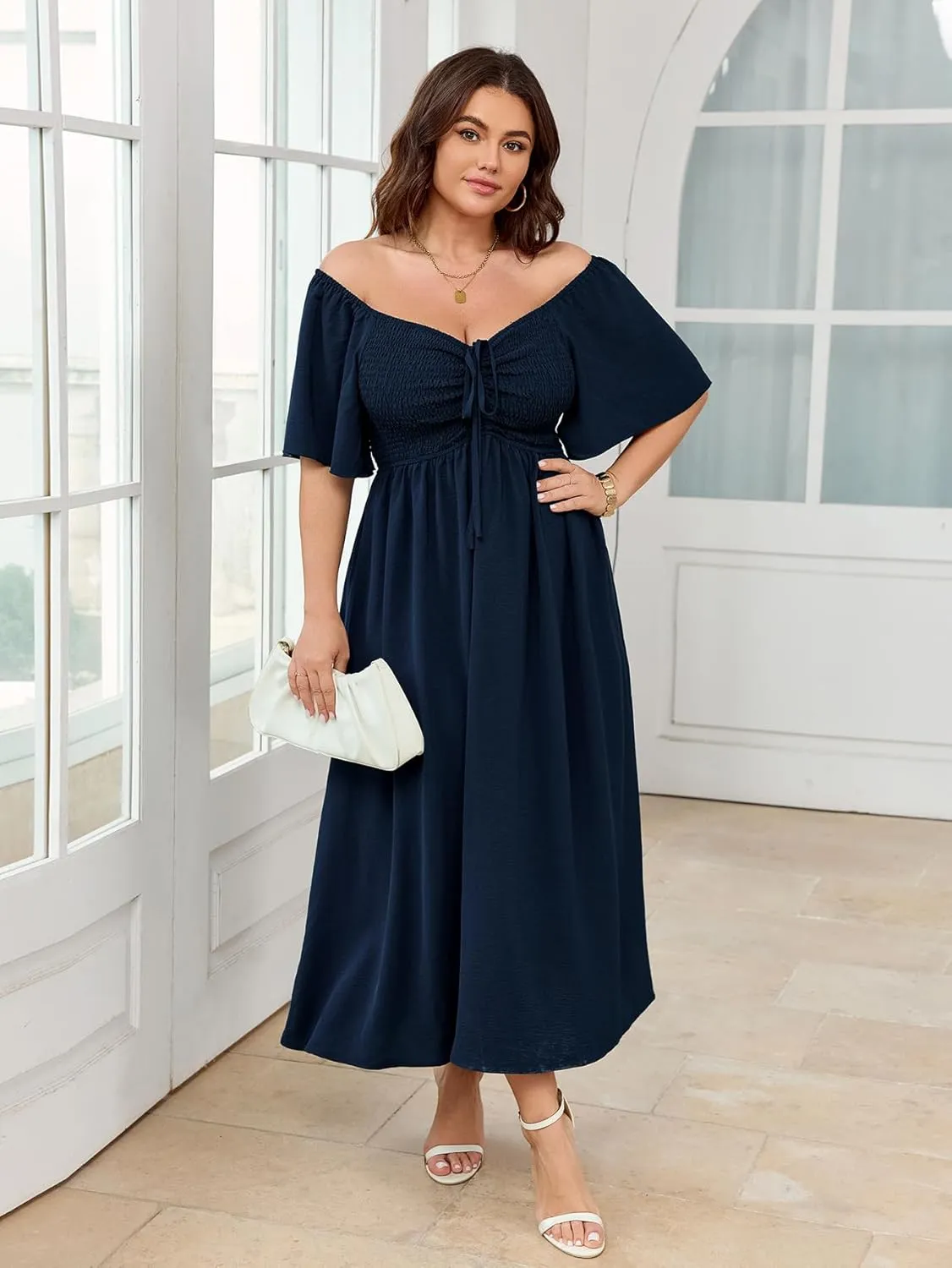 Women's Plus Size Maxi Dress Short Sleeve Square Neck Smocked A Line Flowy Formal Dress