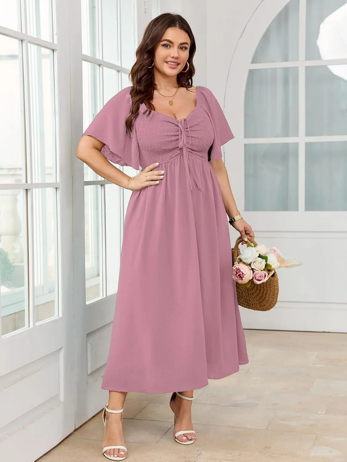 Women's Plus Size Maxi Dress Short Sleeve Square Neck Smocked A Line Flowy Formal Dress