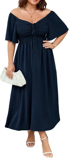 Women's Plus Size Maxi Dress Short Sleeve Square Neck Smocked A Line Flowy Formal Dress