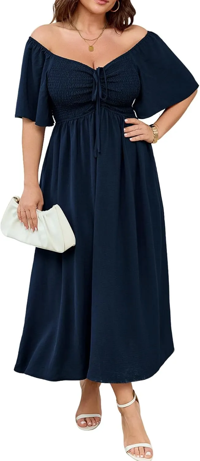 Women's Plus Size Maxi Dress Short Sleeve Square Neck Smocked A Line Flowy Formal Dress