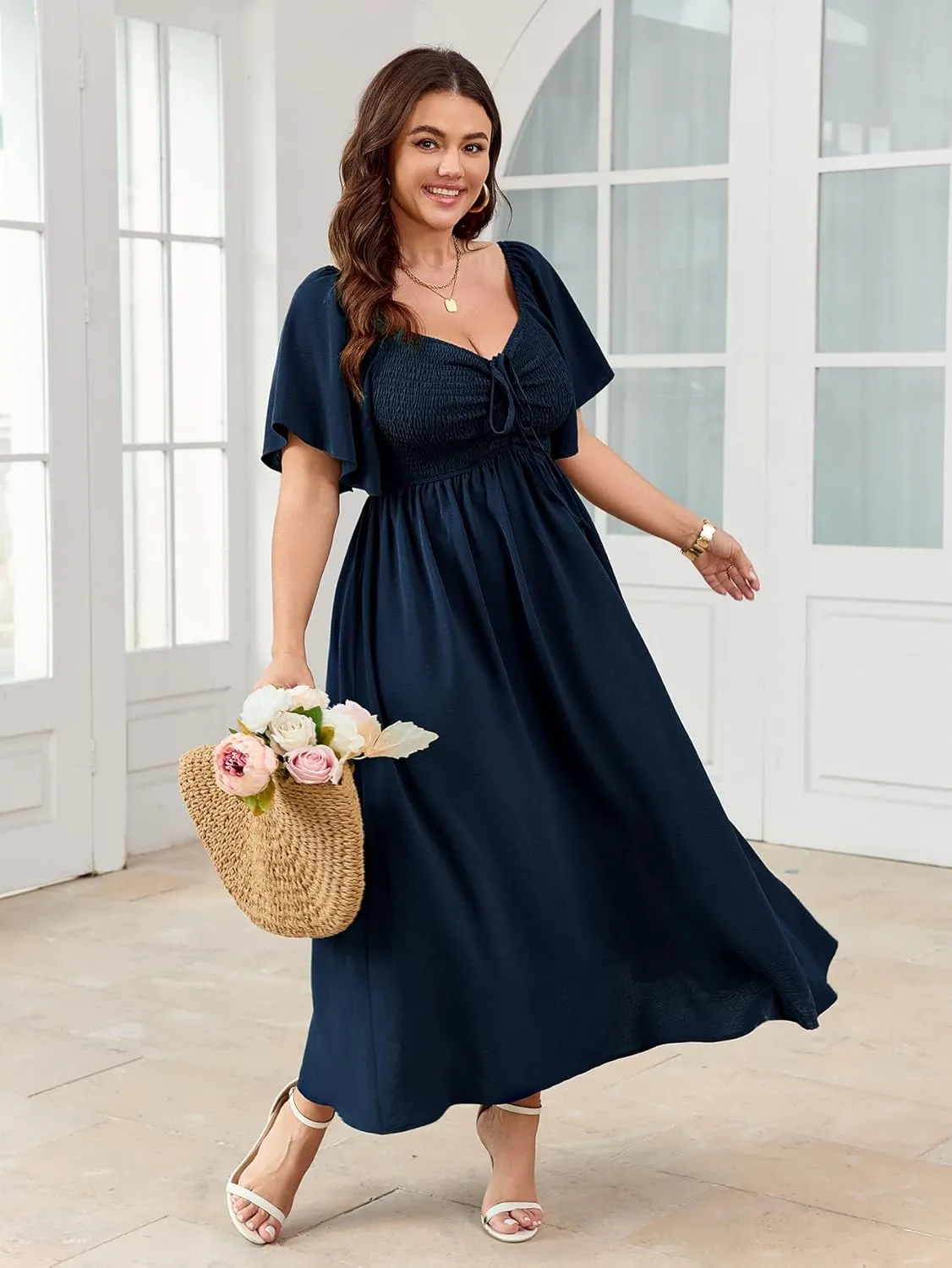 Women's Plus Size Maxi Dress Short Sleeve Square Neck Smocked A Line Flowy Formal Dress