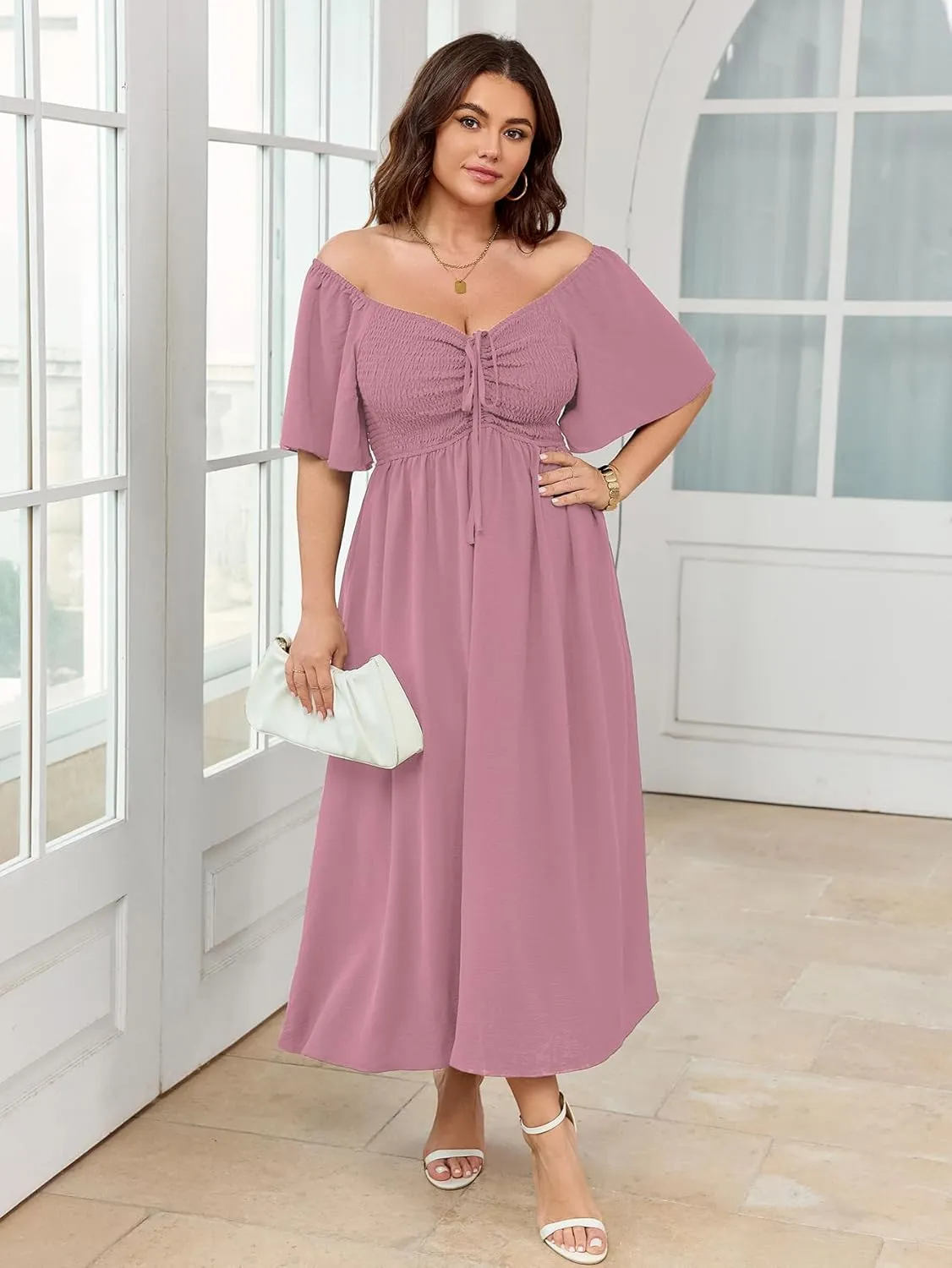Women's Plus Size Maxi Dress Short Sleeve Square Neck Smocked A Line Flowy Formal Dress