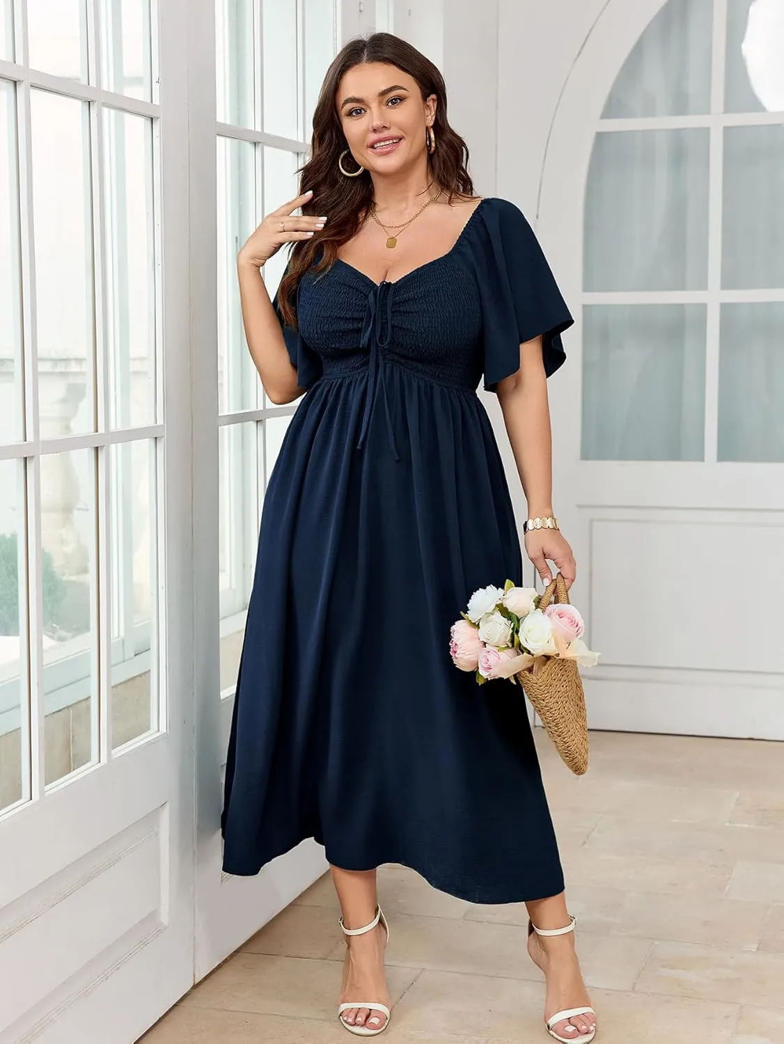 Women's Plus Size Maxi Dress Short Sleeve Square Neck Smocked A Line Flowy Formal Dress