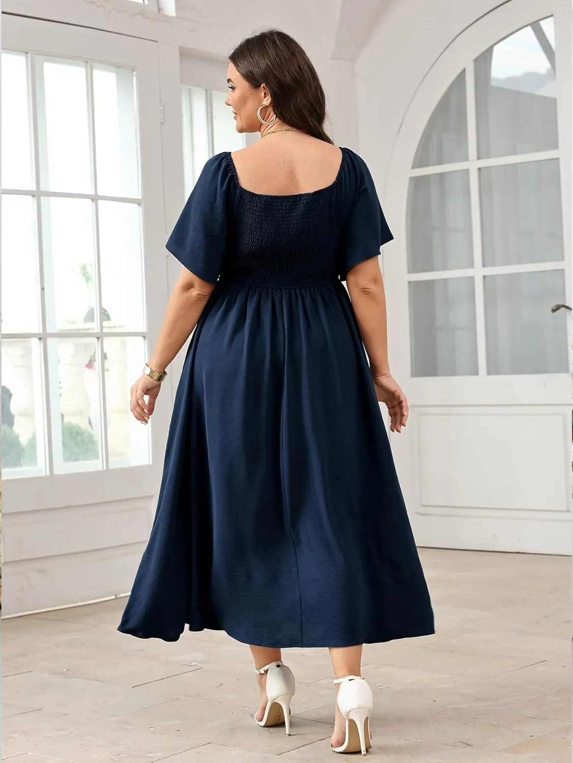 Women's Plus Size Maxi Dress Short Sleeve Square Neck Smocked A Line Flowy Formal Dress