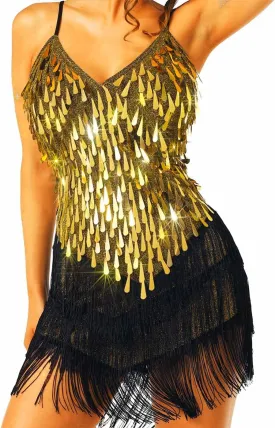 Women's Sparkly Sequin Dress Finge Latin Tango Dance Dresses Sexy Mini Dress Clubwear