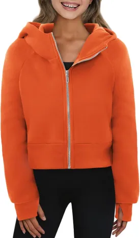 Yoklass Girls Zip Up Hoodie Croppred Sweatshirts Casual Long Sleeve Thumb Hole Jacket 4-13 Years